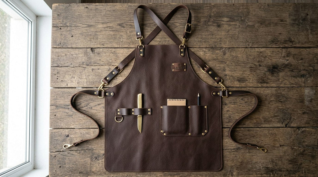Full-grain cowhide leather apron from Lapron with brass hardware