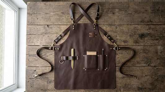 Full-grain cowhide leather apron from Lapron with brass hardware