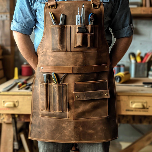 Woman wearing a brown full-grain leather woodworking apron with chest tool pockets
