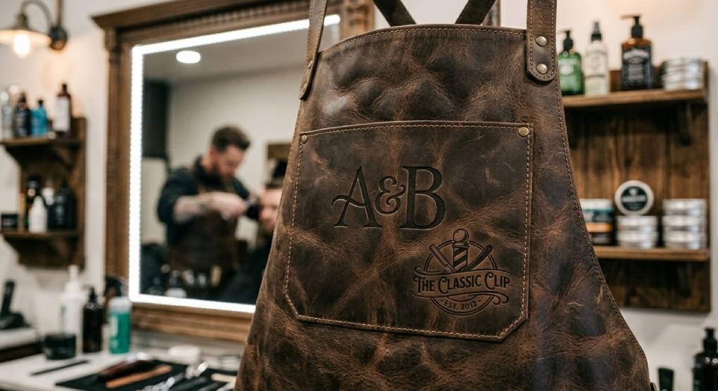 Show custom engraving or embossed logo on a leather apron
