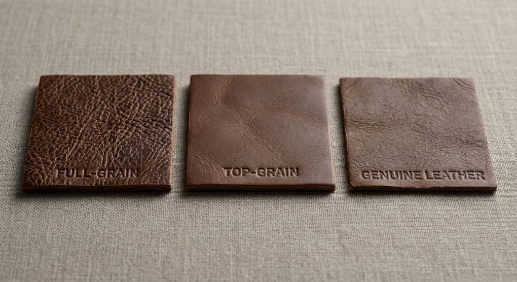 Show full-grain, top-grain, and genuine leather textures