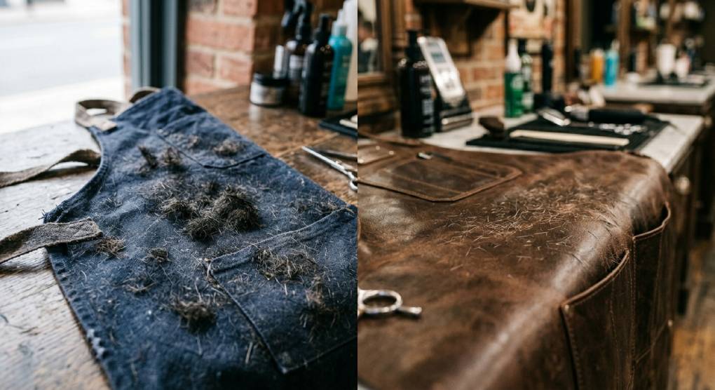 Visual comparison of leather and fabric aprons with hair
