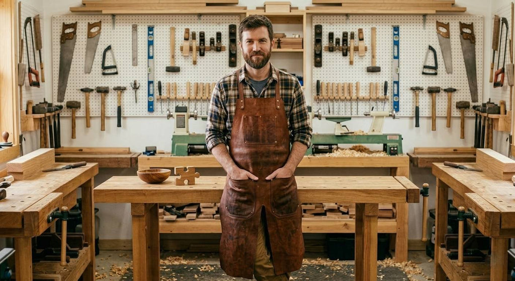 a carpenter wear split leg leather apron