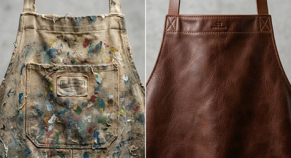 Worn canvas apron next to a clean brown leather apron, showing differences in texture and durability