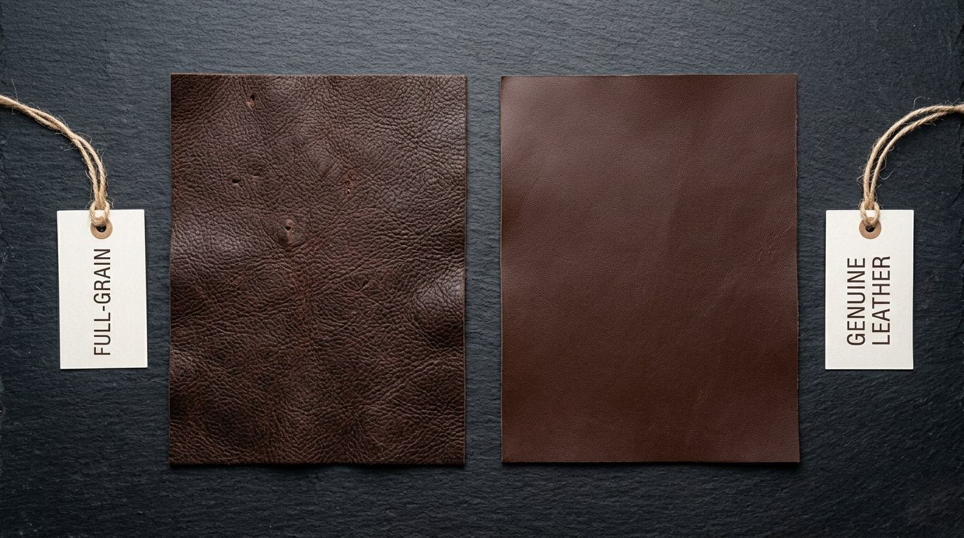 Full-grain leather compared to genuine leather, side by side comparison