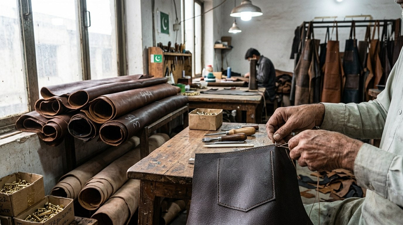 Lapron workshop in Pakistan, cutting full-grain cowhide for leather aprons