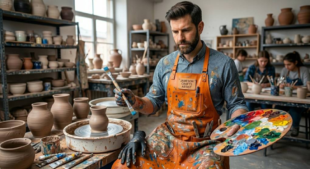 Artist wearing a colorful leather apron in a studio with paint and clay, holding a brush and palette