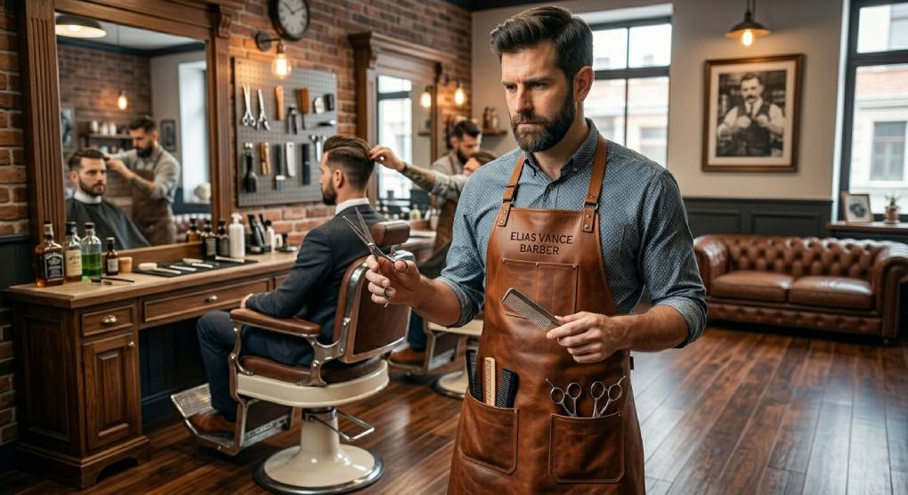 Barber wearing a leather apron with engraved name in a modern barbershop, preparing for haircut