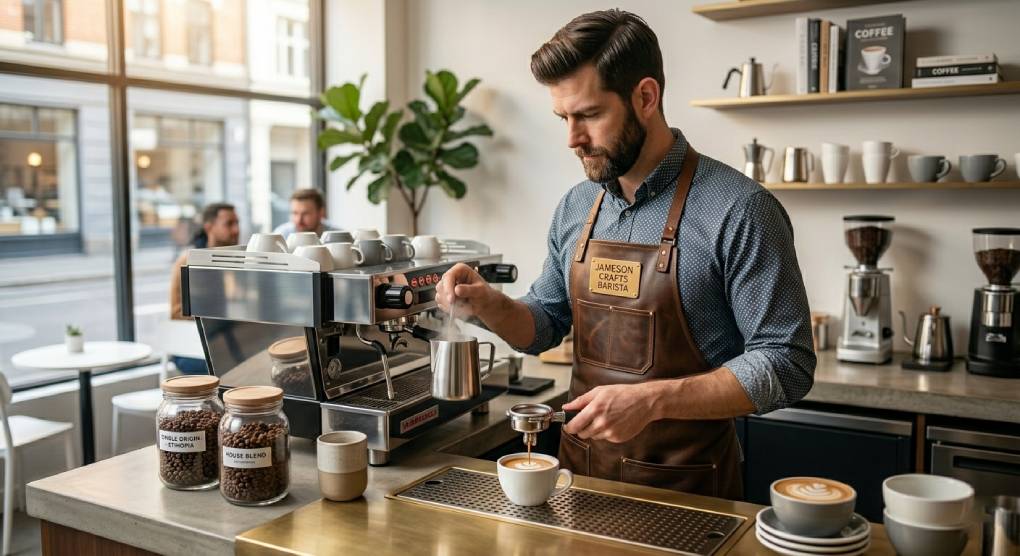 Barista wearing a leather apron steaming milk in a modern coffee shop
