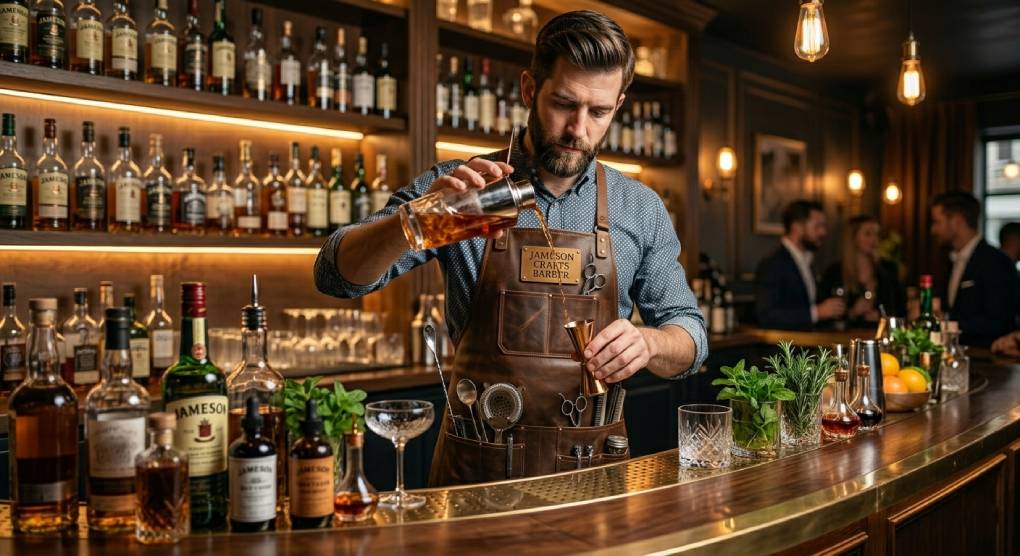 Bartender in leather apron mixing cocktails behind a bar, surrounded by bottles and glasses