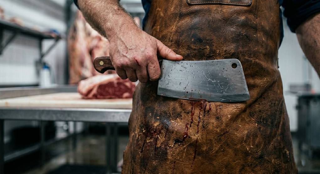 Close-up showing a butcher chopping meat while a cleaver contacts a thick brown leather apron, demonstrating cut and puncture resistance.