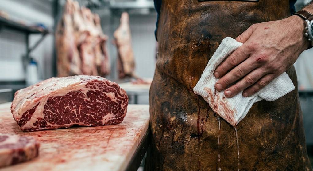 Butcher cleaning blood and fat off a brown leather apron with a cloth, showing fluid resistance and hygiene maintenance.