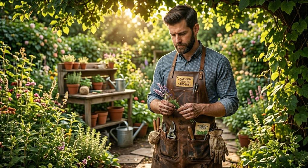 Gardener wearing a leather apron with tools, standing in a lush sunlit garden