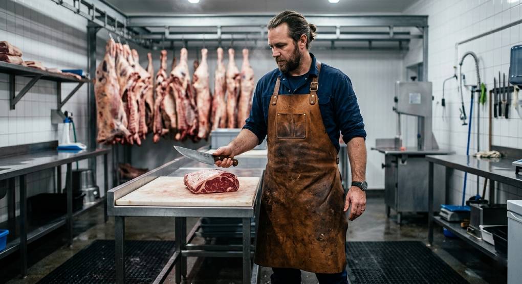 Professional butcher wearing a full-length brown leather apron in a commercial meat processing room, demonstrating protection and durability.