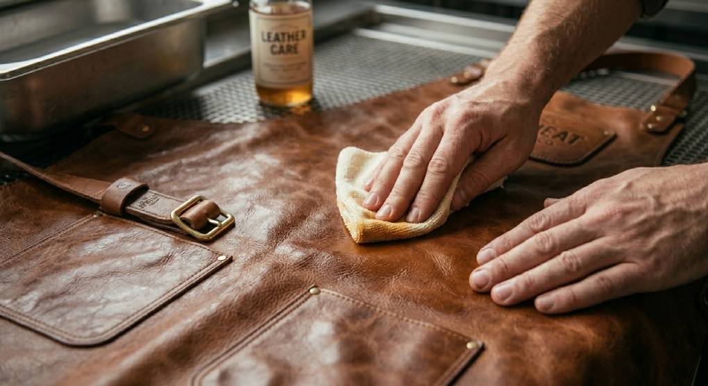 Artist cleaning a brown leather apron with a damp cloth, removing paint marks in a studio.