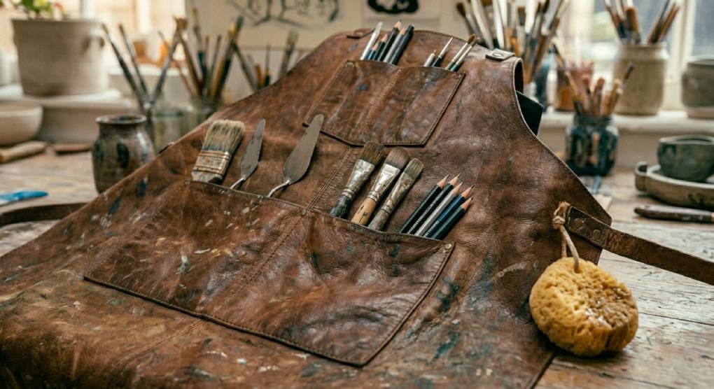 Brown leather apron showing patina, paint marks, and scratches after years of studio use.
